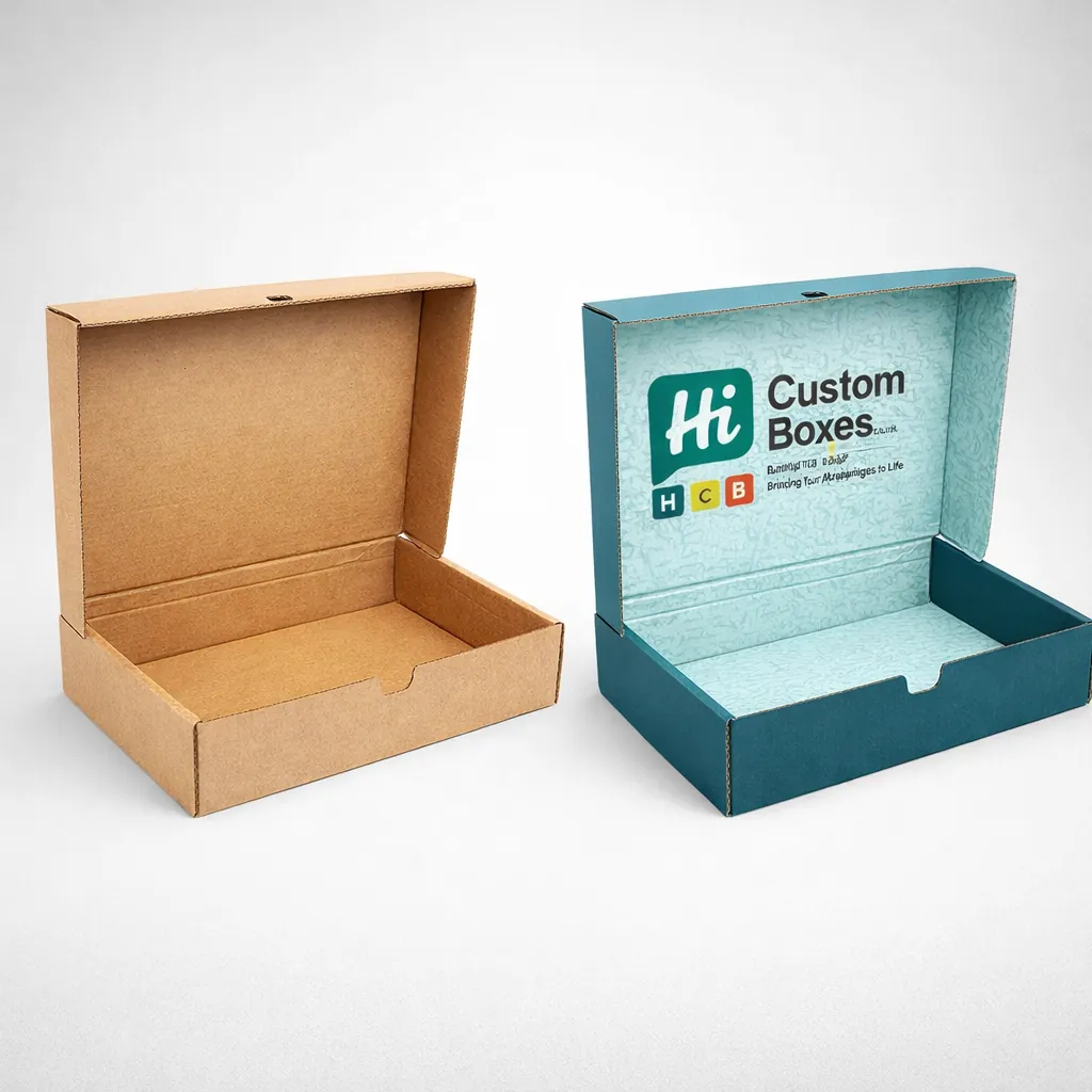 An open plain brown box next to an open teal box with a patterned interior. class=